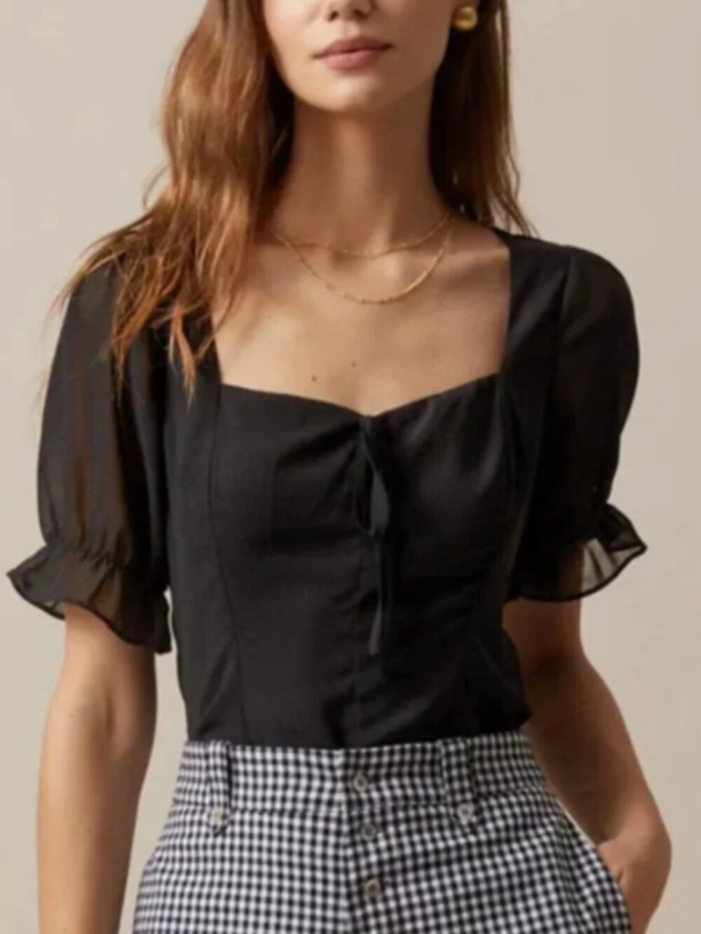 Rihoas Black Sweetheart Neck Puff Sleeve Sheer Chiffon Tie Blouse Medium